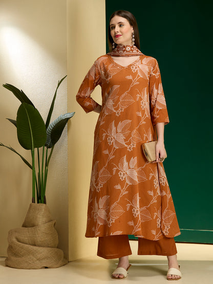 Ethnic Floral Printed A-Line Kurta with Palazzos and Dupatta - Orange