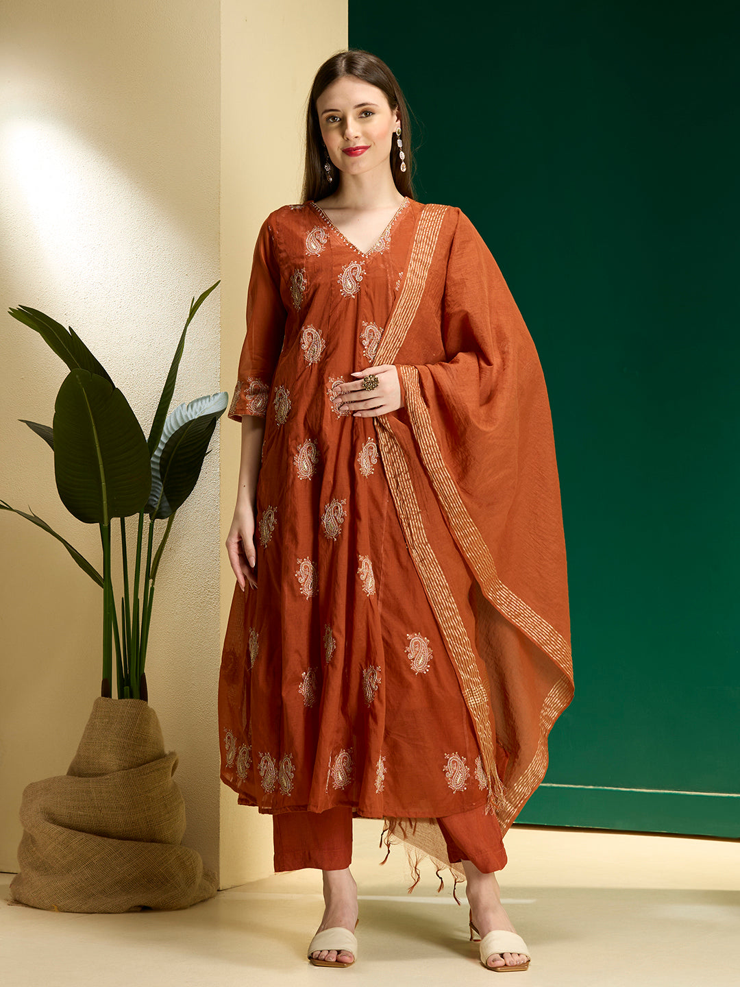 Solid Paisley Embroidered Anarkali with Pant & Dupatta - Rust
