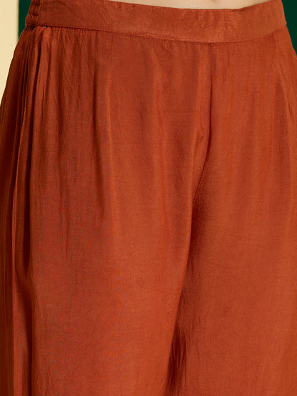 Solid Paisley Embroidered Anarkali with Pant & Dupatta - Rust