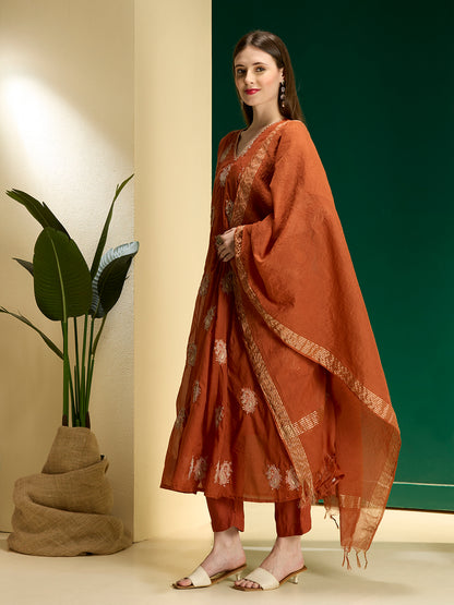 Solid Paisley Embroidered Anarkali with Pant & Dupatta - Rust