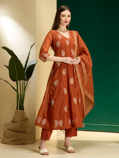 Solid Paisley Embroidered Anarkali with Pant & Dupatta - Rust