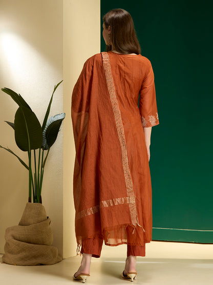 Solid Paisley Embroidered Anarkali with Pant & Dupatta - Rust