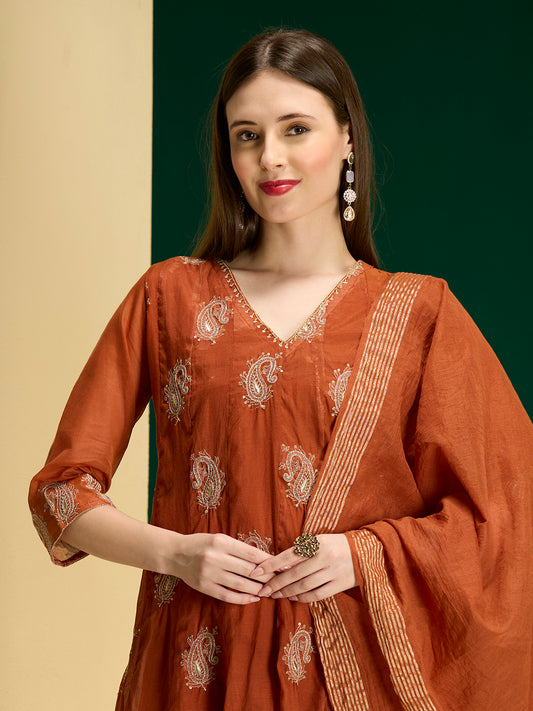Solid Paisley Embroidered Anarkali with Pant & Dupatta - Rust