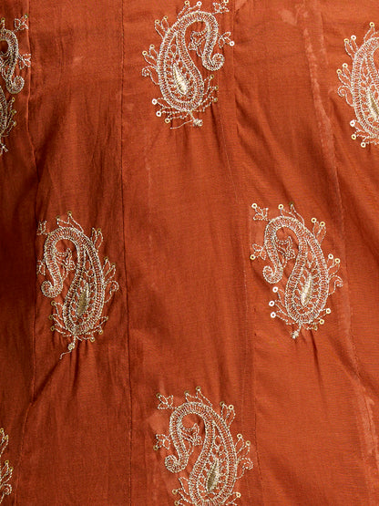 Solid Paisley Embroidered Anarkali with Pant & Dupatta - Rust