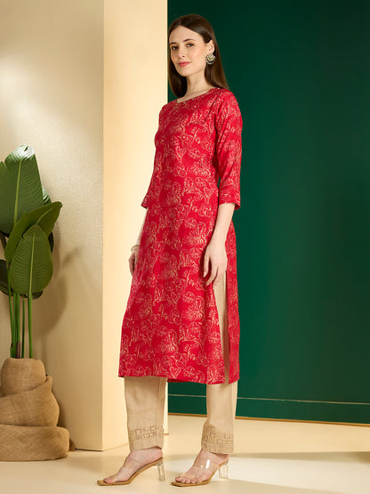 Ethnic & Floral Printed Straight Fit Kurta - Pink