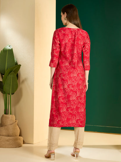 Ethnic & Floral Printed Straight Fit Kurta - Pink