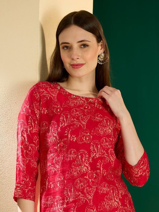 Ethnic & Floral Printed Straight Fit Kurta - Pink