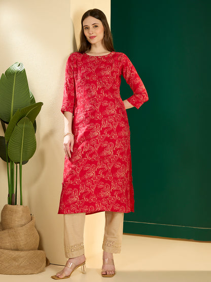 Ethnic & Floral Printed Straight Fit Kurta - Pink