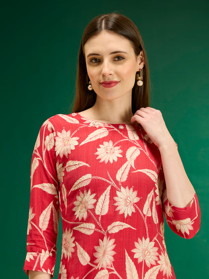 Ethnic & Floral Printed Straight Fit Kurta - Pink