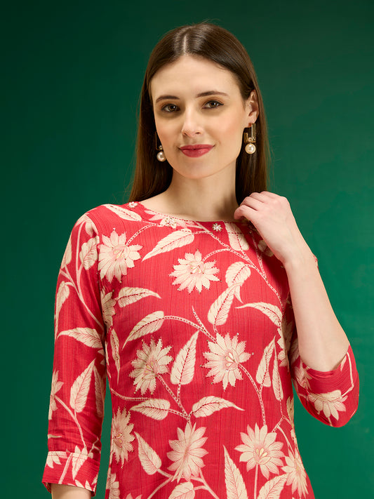 Ethnic & Floral Printed Straight Fit Kurta - Pink