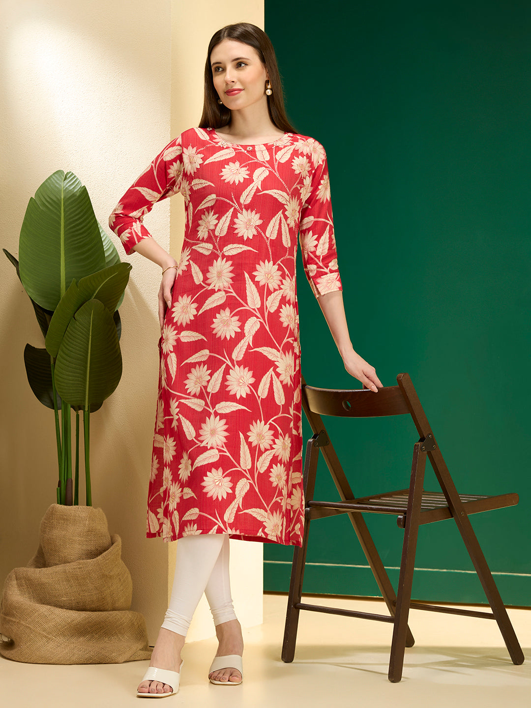 Ethnic & Floral Printed Straight Fit Kurta - Pink