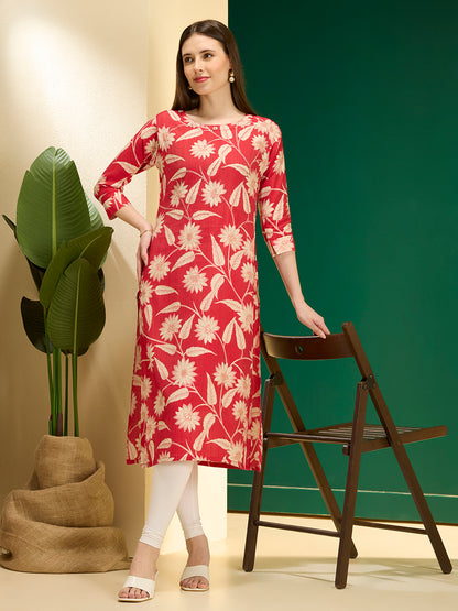 Ethnic & Floral Printed Straight Fit Kurta - Pink