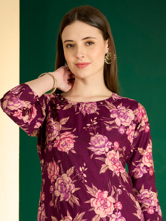 Ethnic & Floral Printed Straight Fit Kurta - Purple