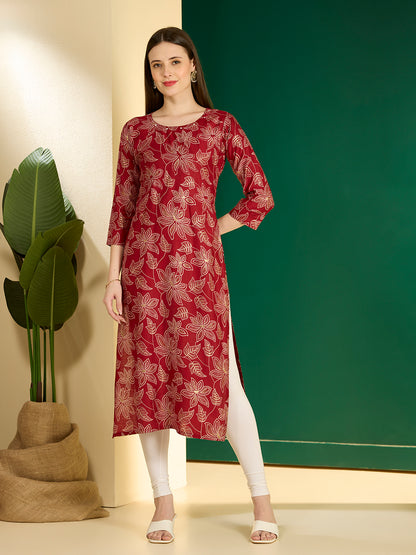 Ethnic & Floral Printed Straight Fit Kurta - Maroon