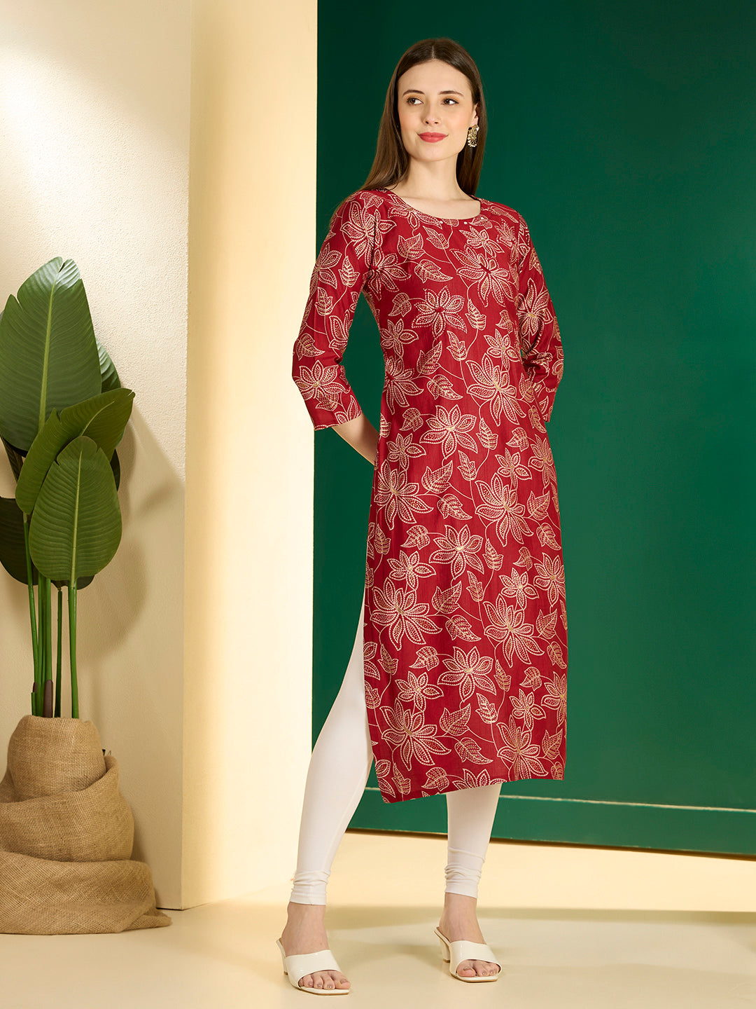 Ethnic & Floral Printed Straight Fit Kurta - Maroon