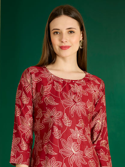 Ethnic & Floral Printed Straight Fit Kurta - Maroon