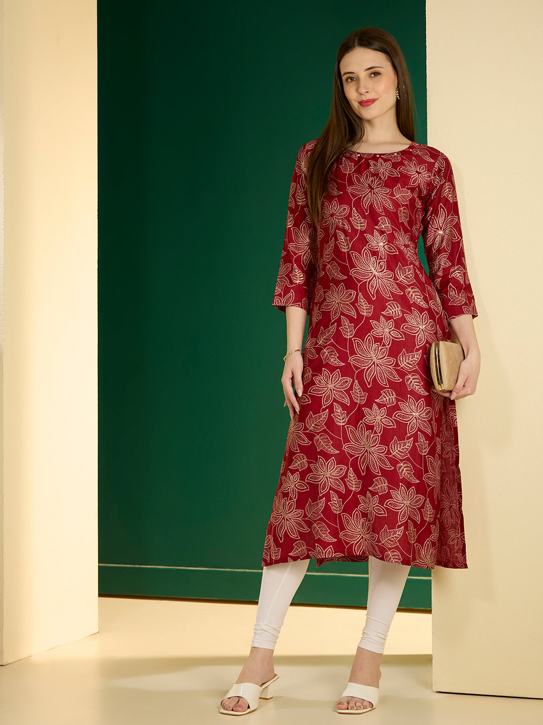 Ethnic & Floral Printed Straight Fit Kurta - Maroon