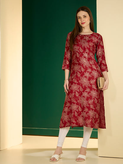 Ethnic & Floral Printed Straight Fit Kurta - Maroon