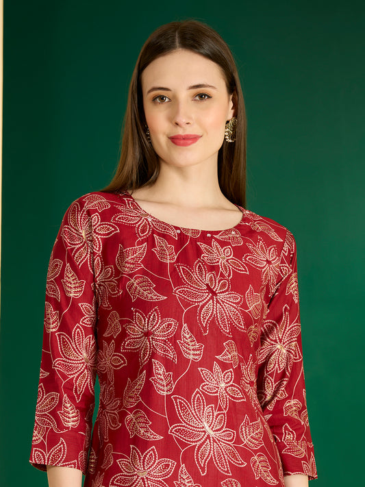 Ethnic & Floral Printed Straight Fit Kurta - Maroon