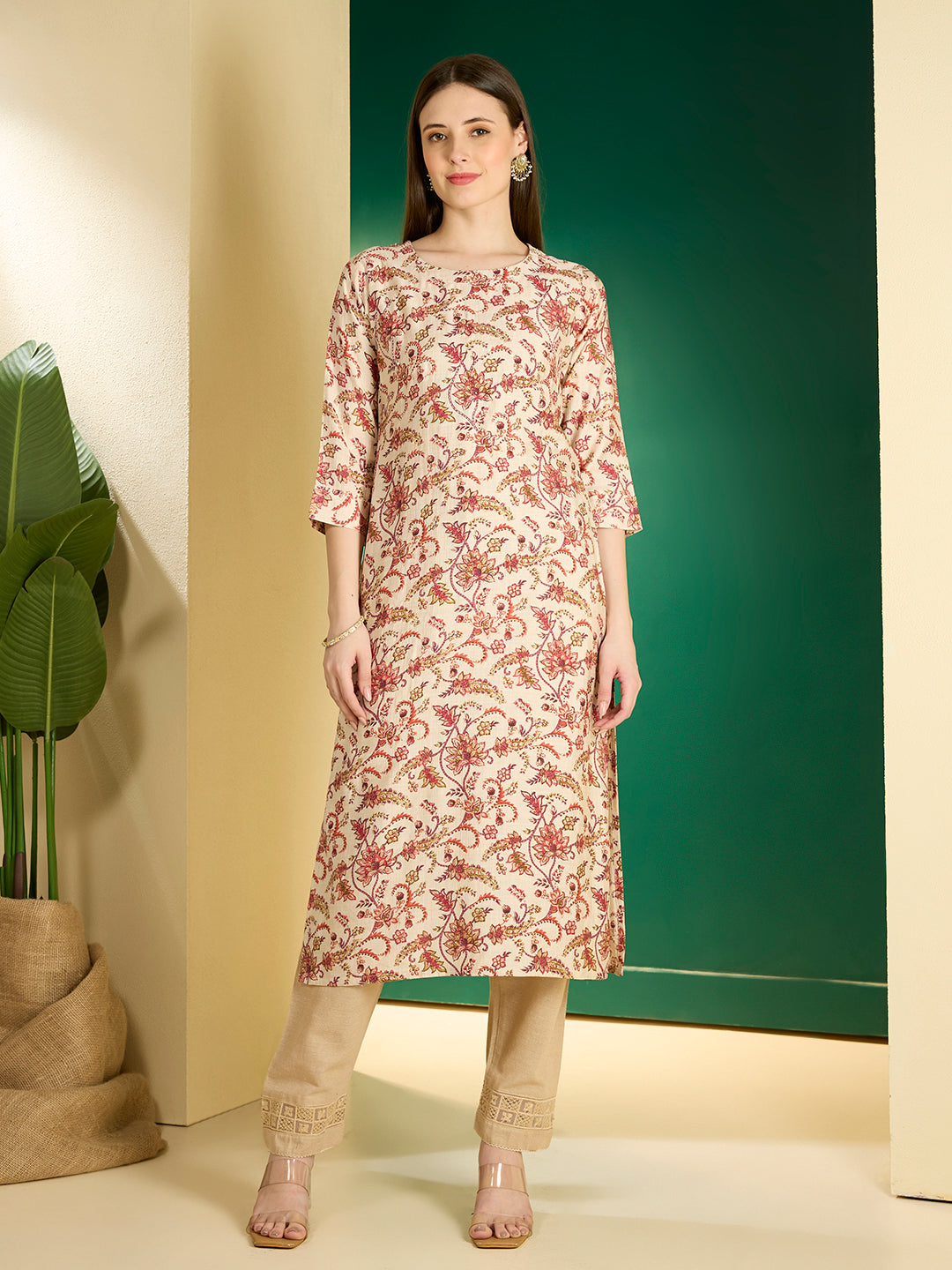 Ethnic & Floral Printed Straight Fit Kurta - Cream