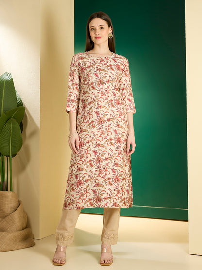 Ethnic & Floral Printed Straight Fit Kurta - Cream