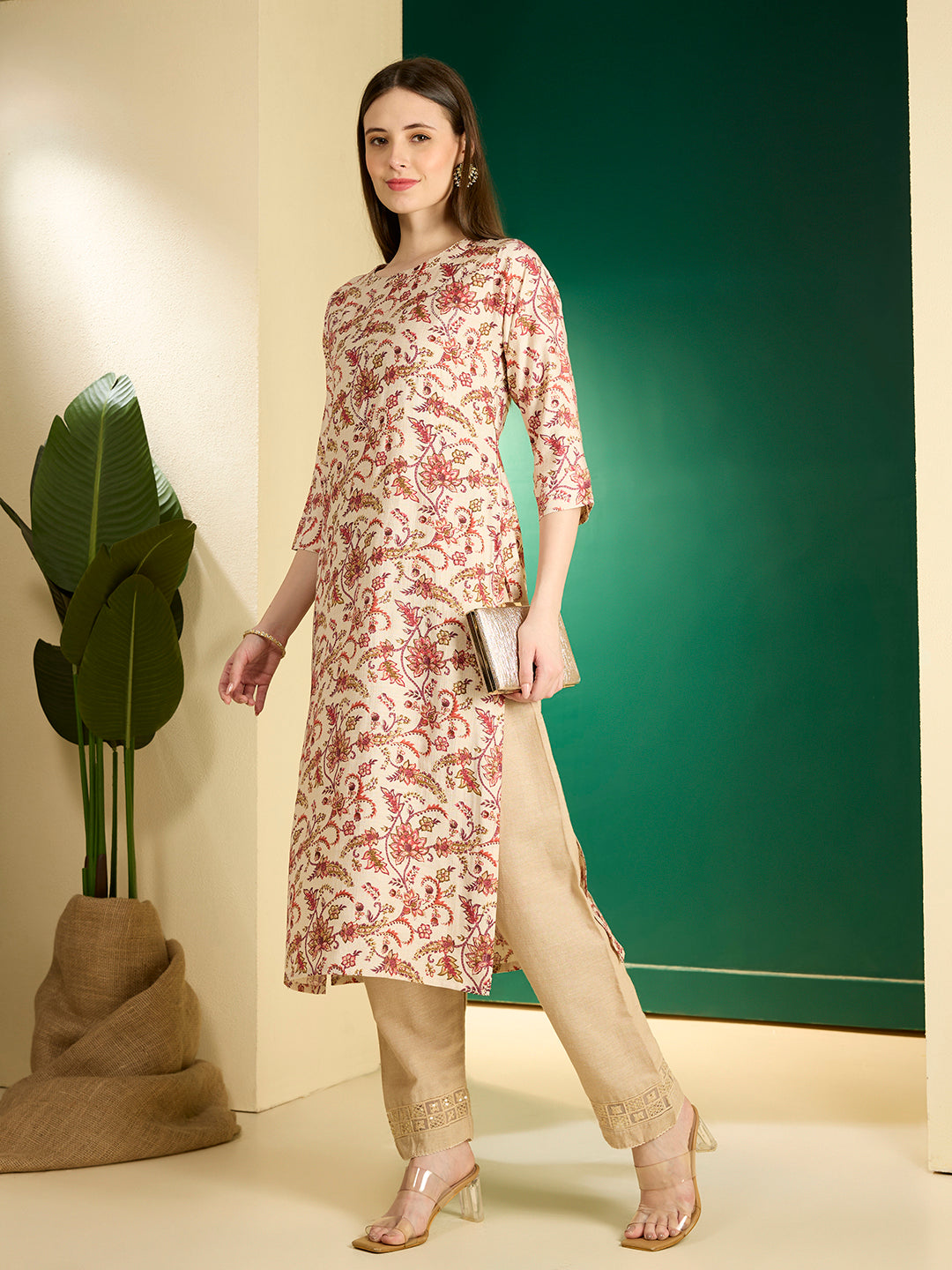 Ethnic & Floral Printed Straight Fit Kurta - Cream