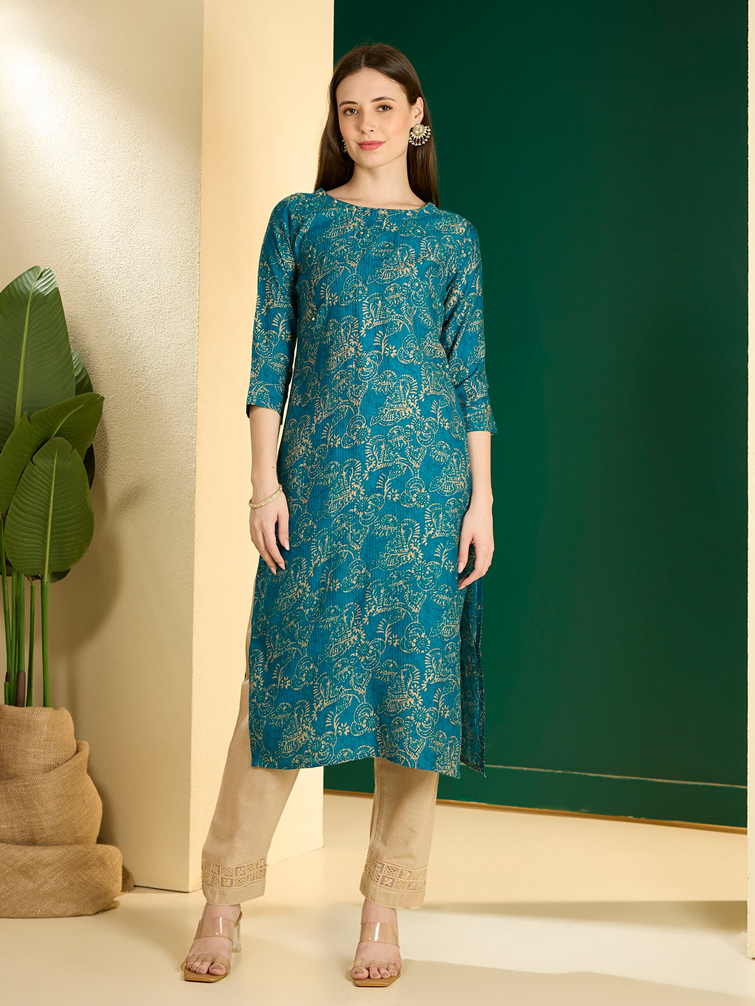 Ethnic & Floral Printed Straight Fit Kurta - Teal