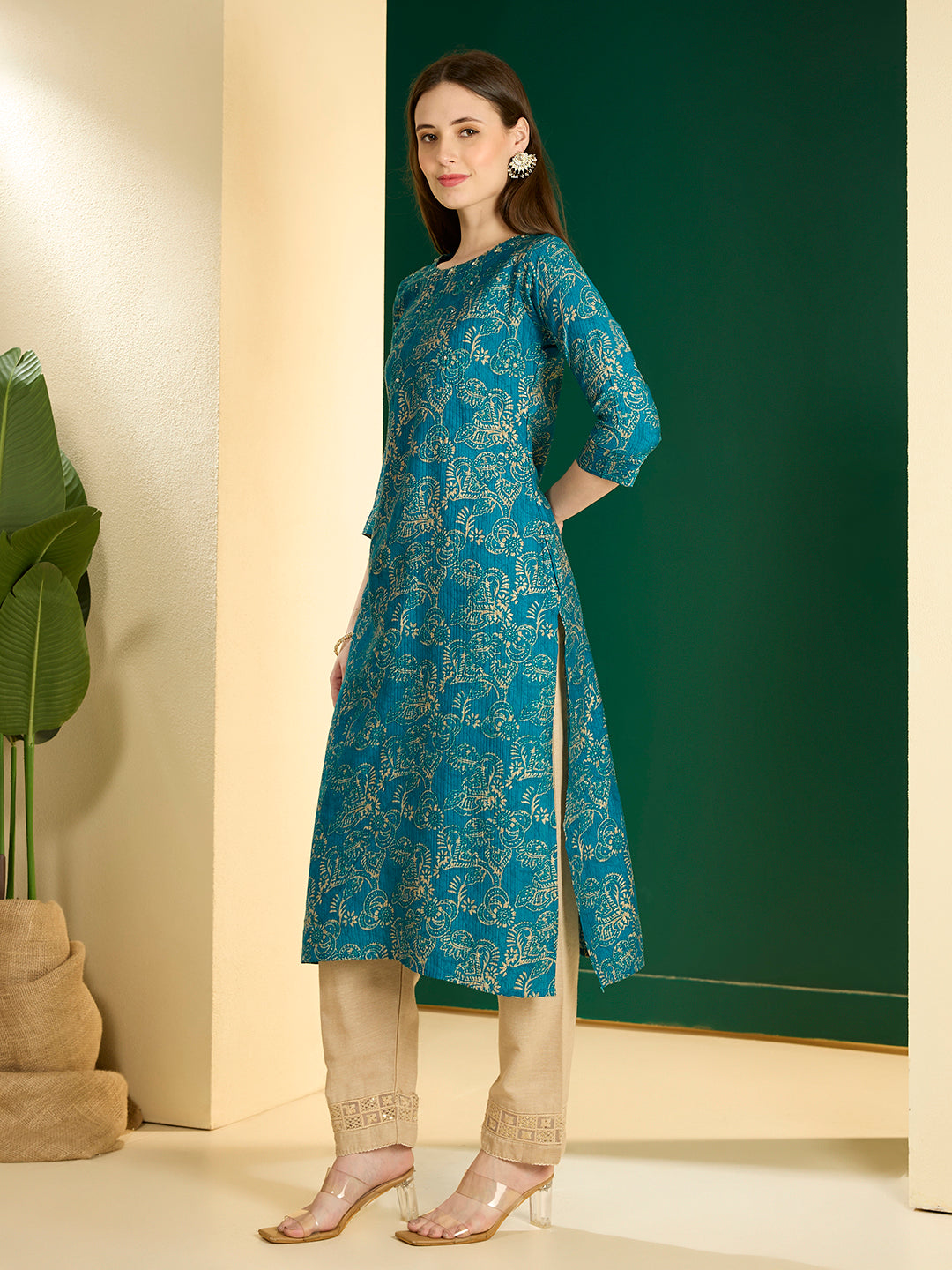 Ethnic & Floral Printed Straight Fit Kurta - Teal