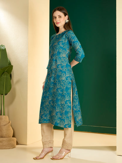 Ethnic & Floral Printed Straight Fit Kurta - Teal