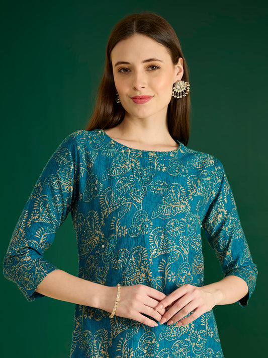 Ethnic & Floral Printed Straight Fit Kurta - Teal