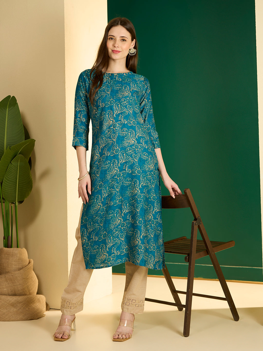 Ethnic & Floral Printed Straight Fit Kurta - Teal