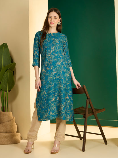 Ethnic & Floral Printed Straight Fit Kurta - Teal
