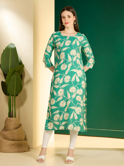 Ethnic & Floral Printed Straight Fit Kurta - Green