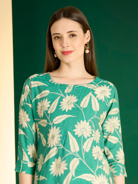 Ethnic & Floral Printed Straight Fit Kurta - Green