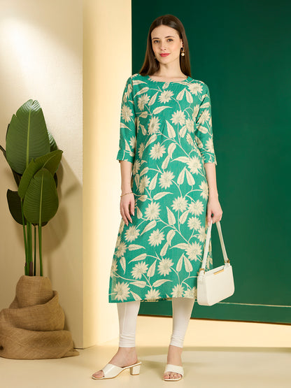 Ethnic & Floral Printed Straight Fit Kurta - Green