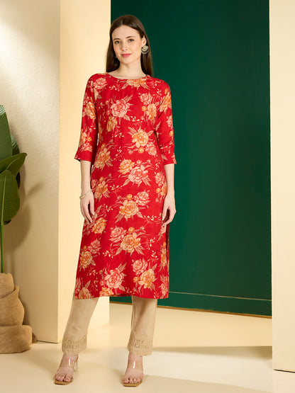 Ethnic & Floral Printed Straight Fit Kurta - Red