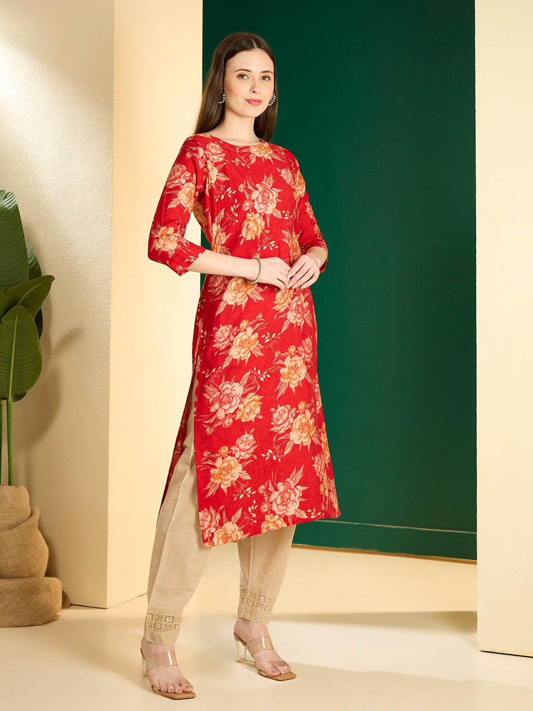Ethnic & Floral Printed Straight Fit Kurta - Red