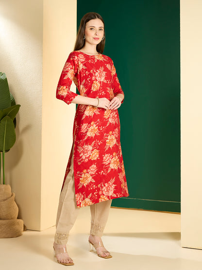 Ethnic & Floral Printed Straight Fit Kurta - Red