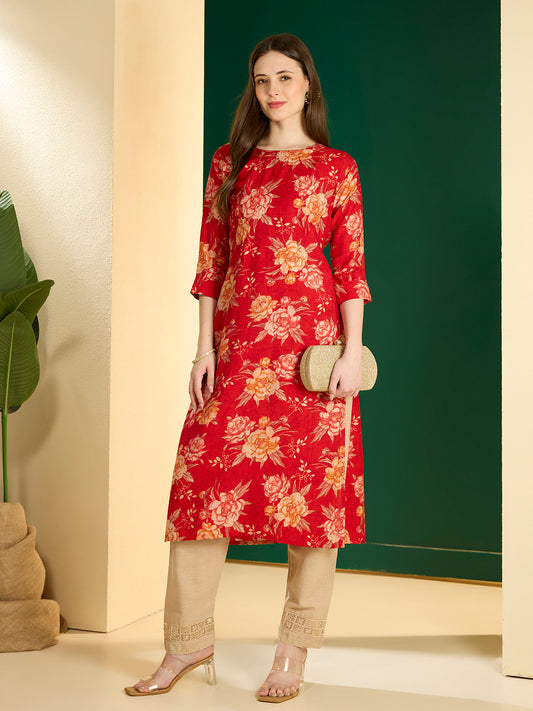 Ethnic & Floral Printed Straight Fit Kurta - Red