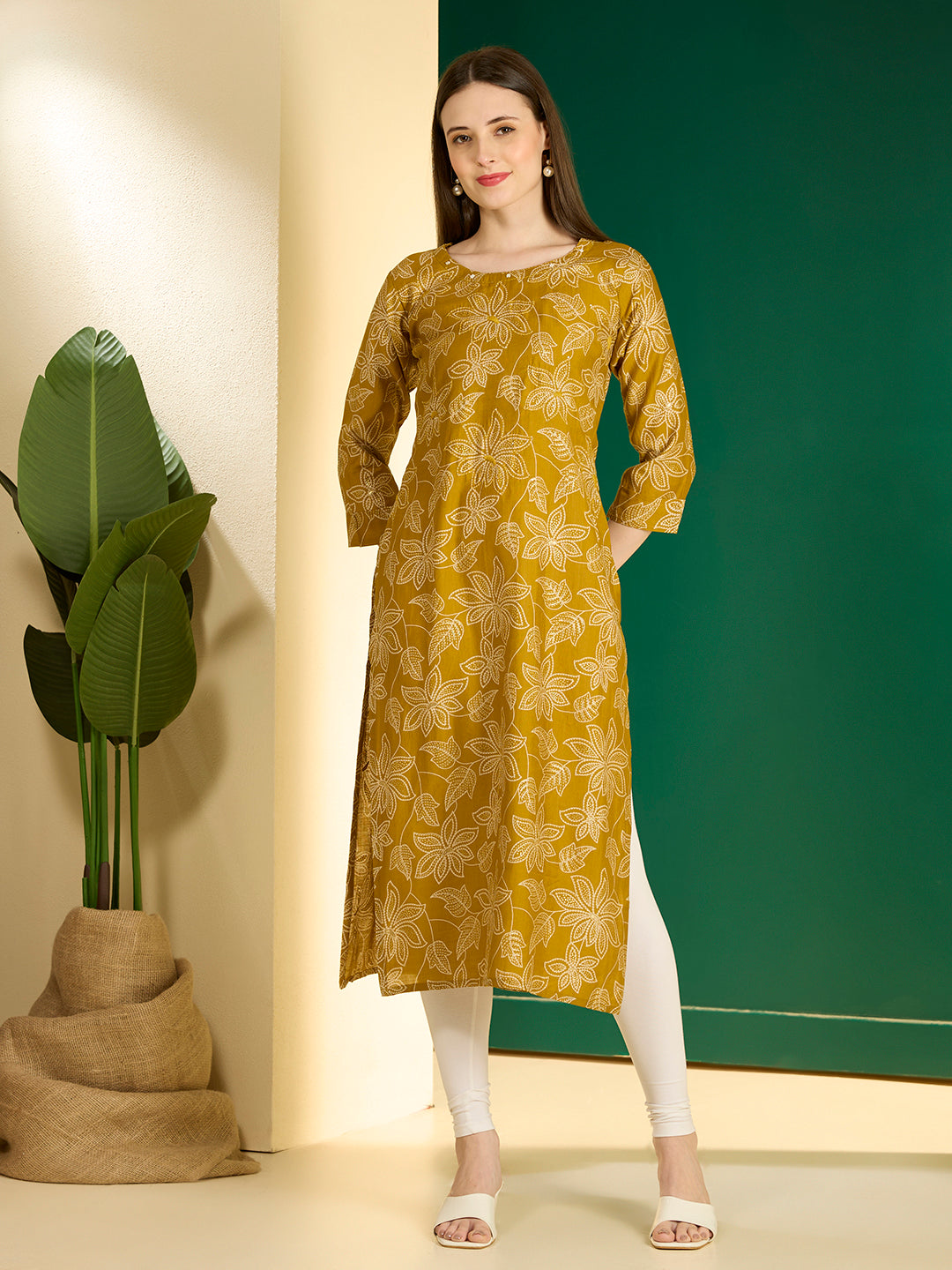 Ethnic & Floral Printed Straight Fit Kurta - Mustard