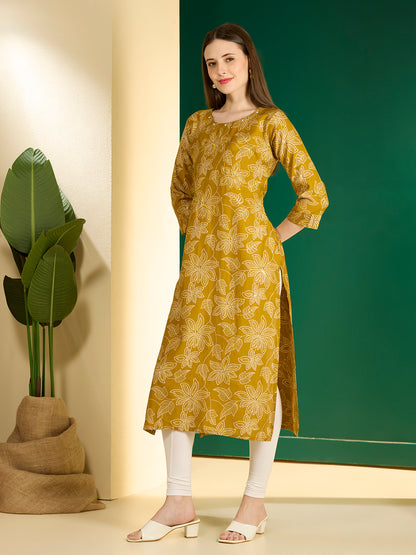 Ethnic & Floral Printed Straight Fit Kurta - Mustard