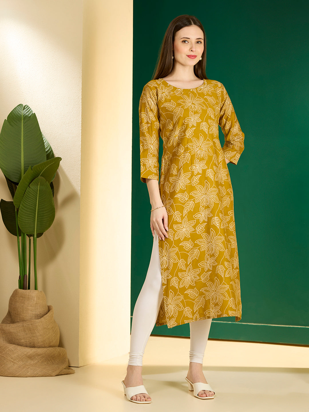 Ethnic & Floral Printed Straight Fit Kurta - Mustard