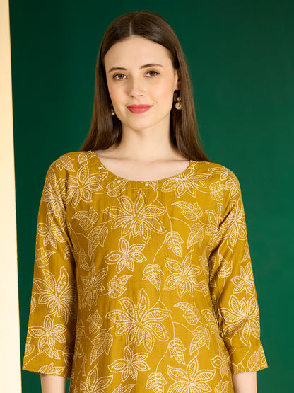 Ethnic & Floral Printed Straight Fit Kurta - Mustard