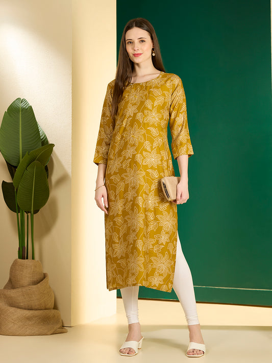 Ethnic & Floral Printed Straight Fit Kurta - Mustard