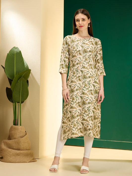 Ethnic & Floral Printed Straight Fit Kurta - Cream