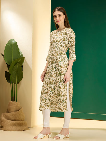Ethnic & Floral Printed Straight Fit Kurta - Cream