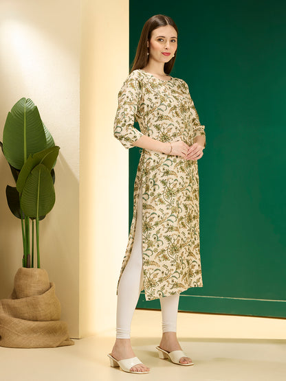 Ethnic & Floral Printed Straight Fit Kurta - Cream