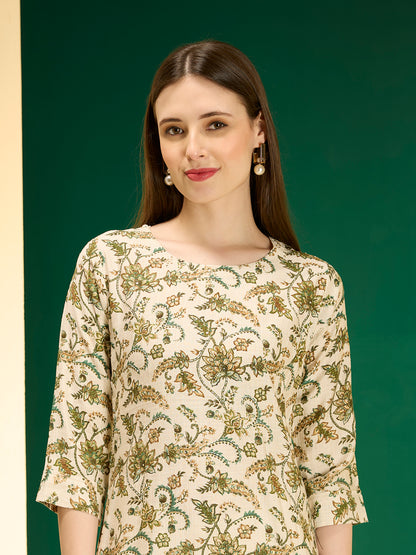 Ethnic & Floral Printed Straight Fit Kurta - Cream