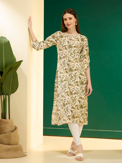 Ethnic & Floral Printed Straight Fit Kurta - Cream