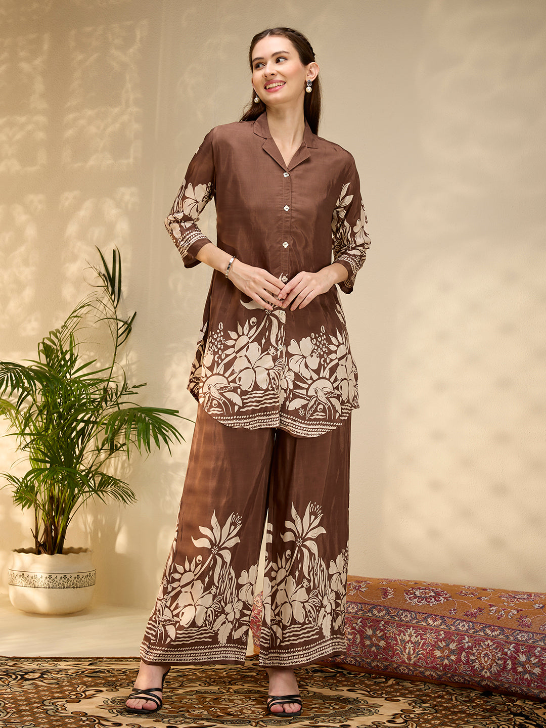 Abstract Floral Printed Straight Fit Co-ord Set - Brown
